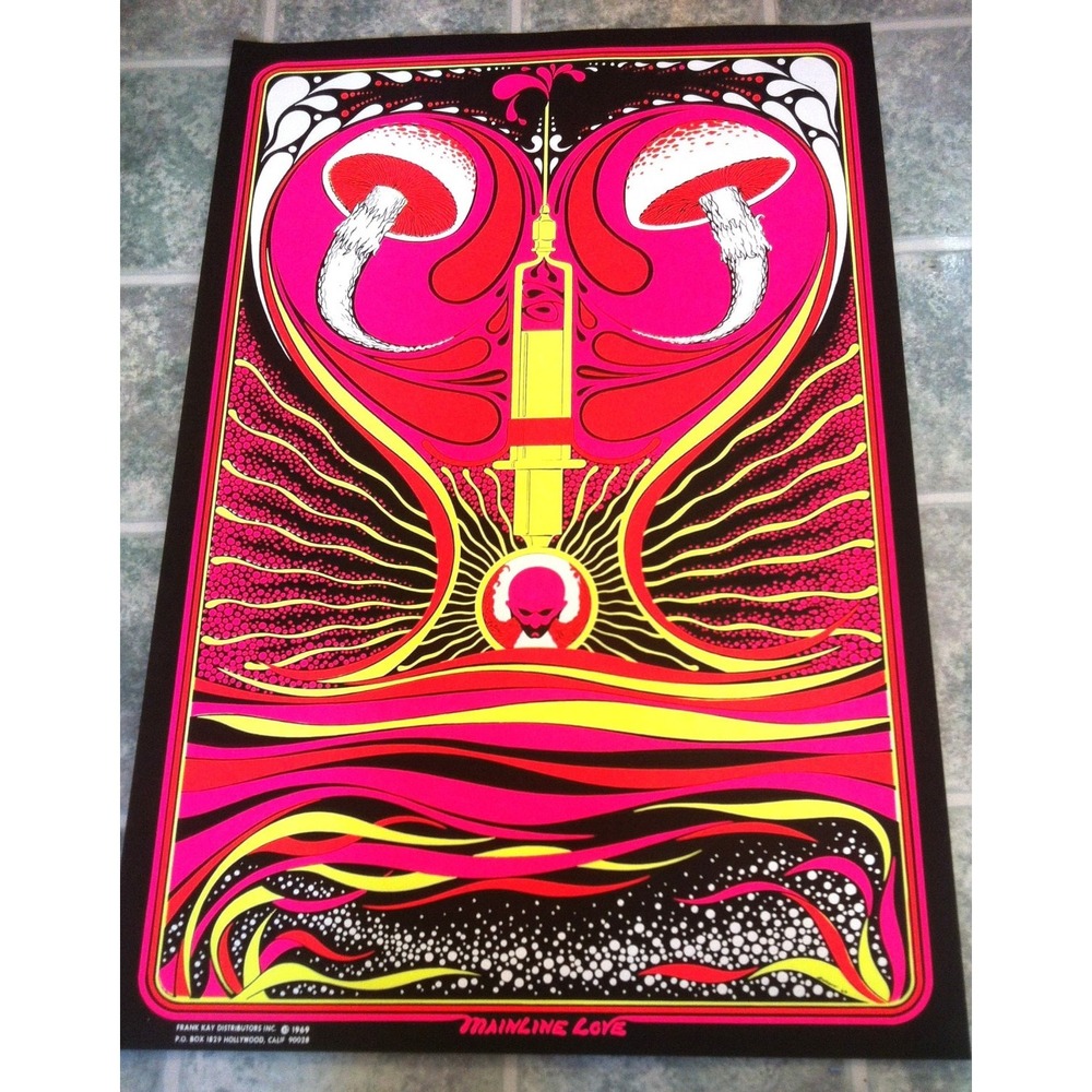 1969 Black Light Poster Mainline Love Hallucinating  By Magic Mushrooms